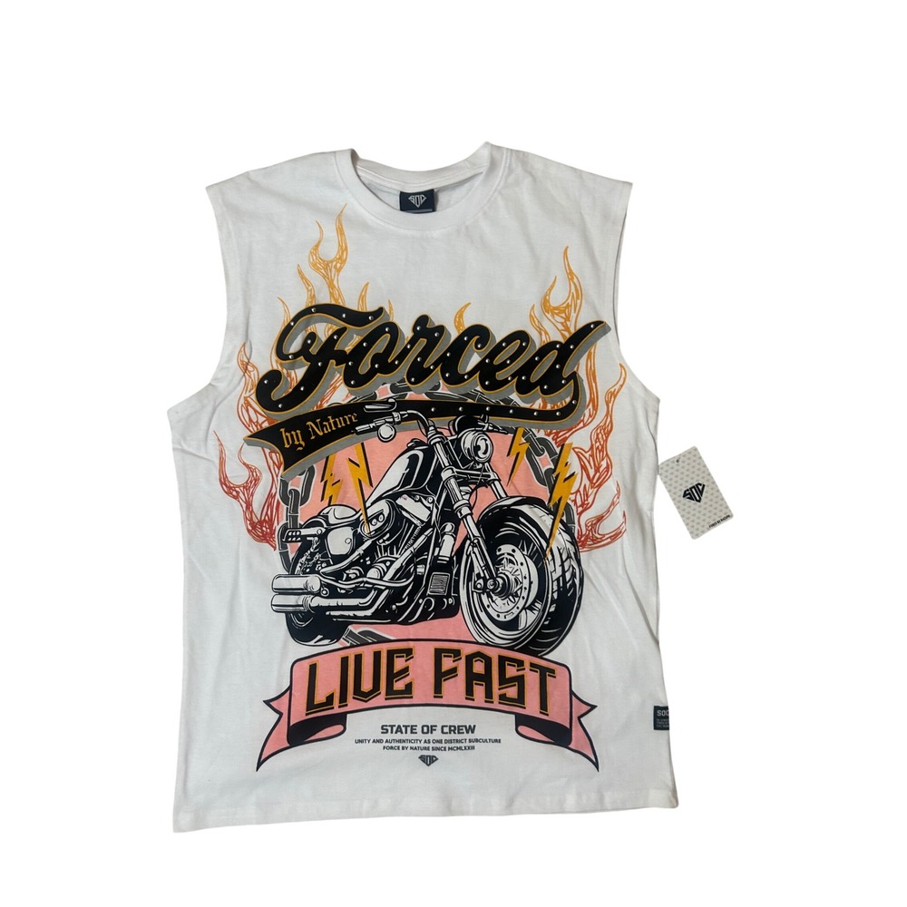 State of Crew Sleeveless Shirt Mens White Excellence Biker Graphic 18x27.5